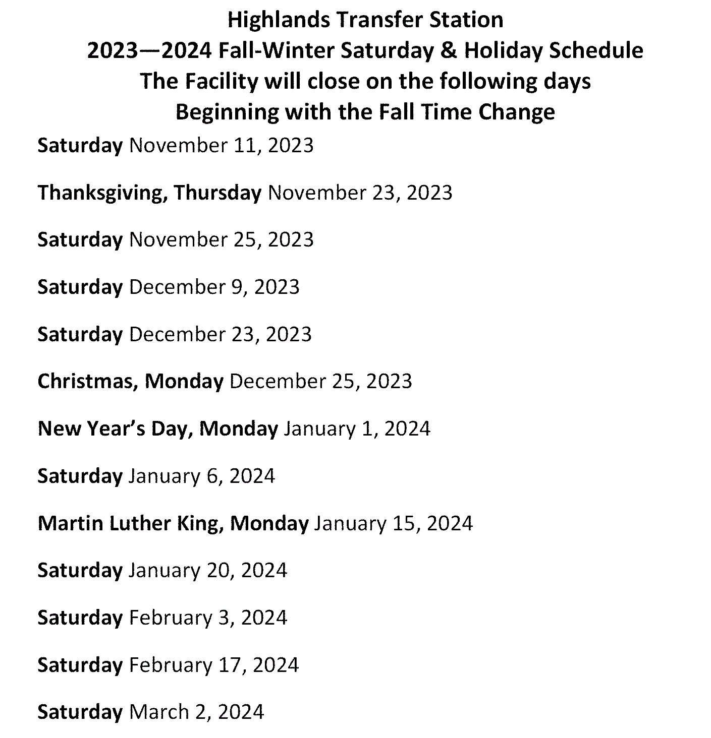 Winter Hours of Operation 2023/2024