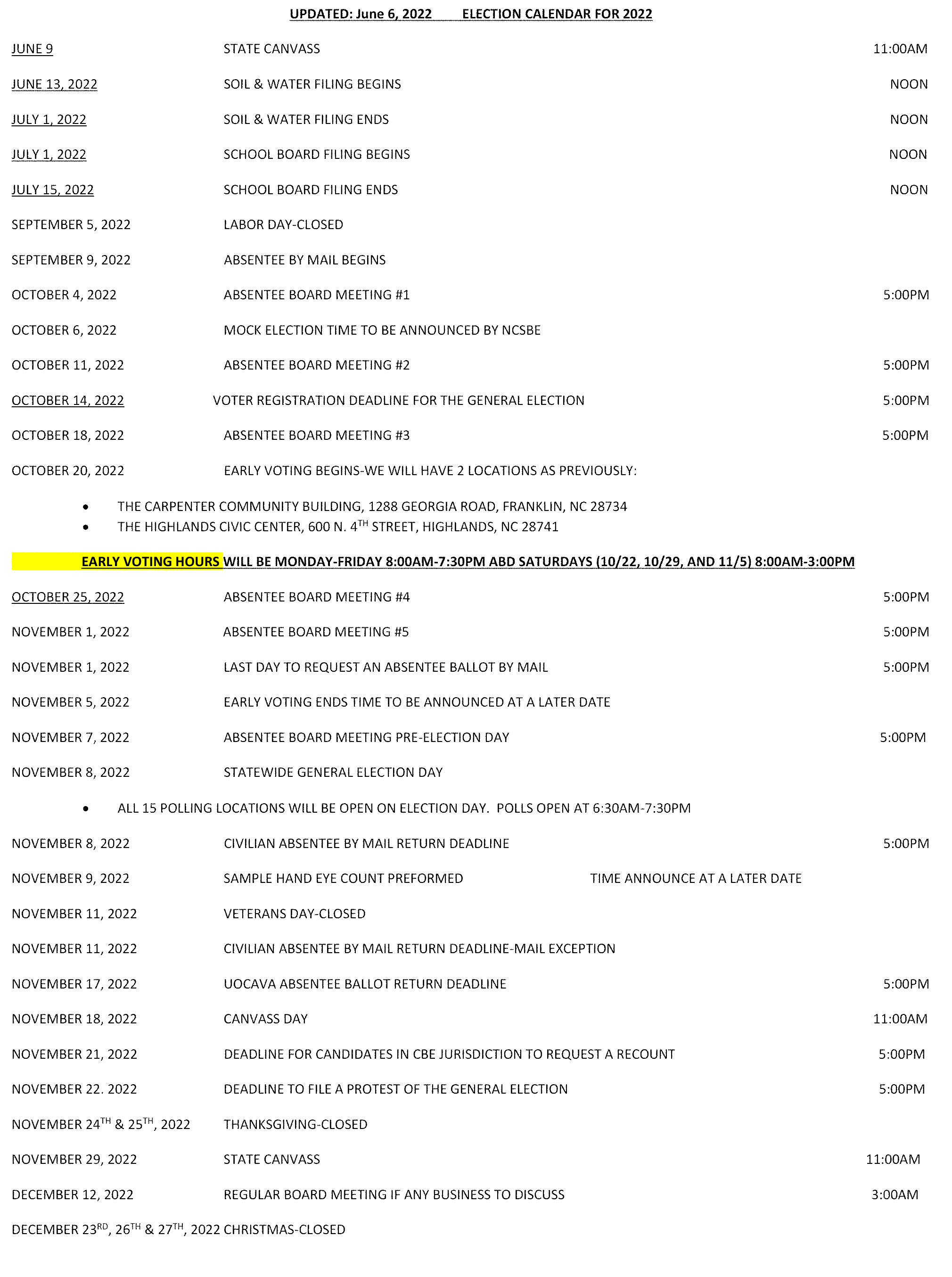 Elections Calendar Macon County North Carolina Board of Elections